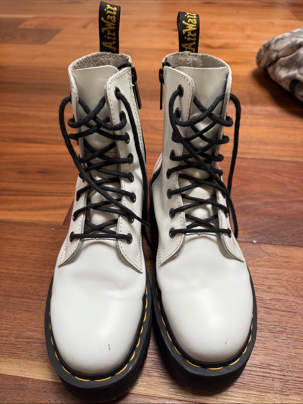 Platform White Leather doc marten Lace-Up Boots with Black Laces